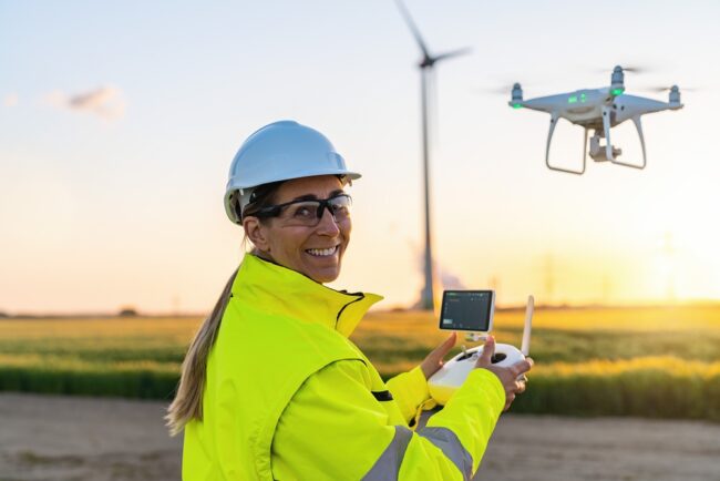 Happy,Female,Operator,Inspecting,Wind,Turbine,With,Drone,At,Sunset.